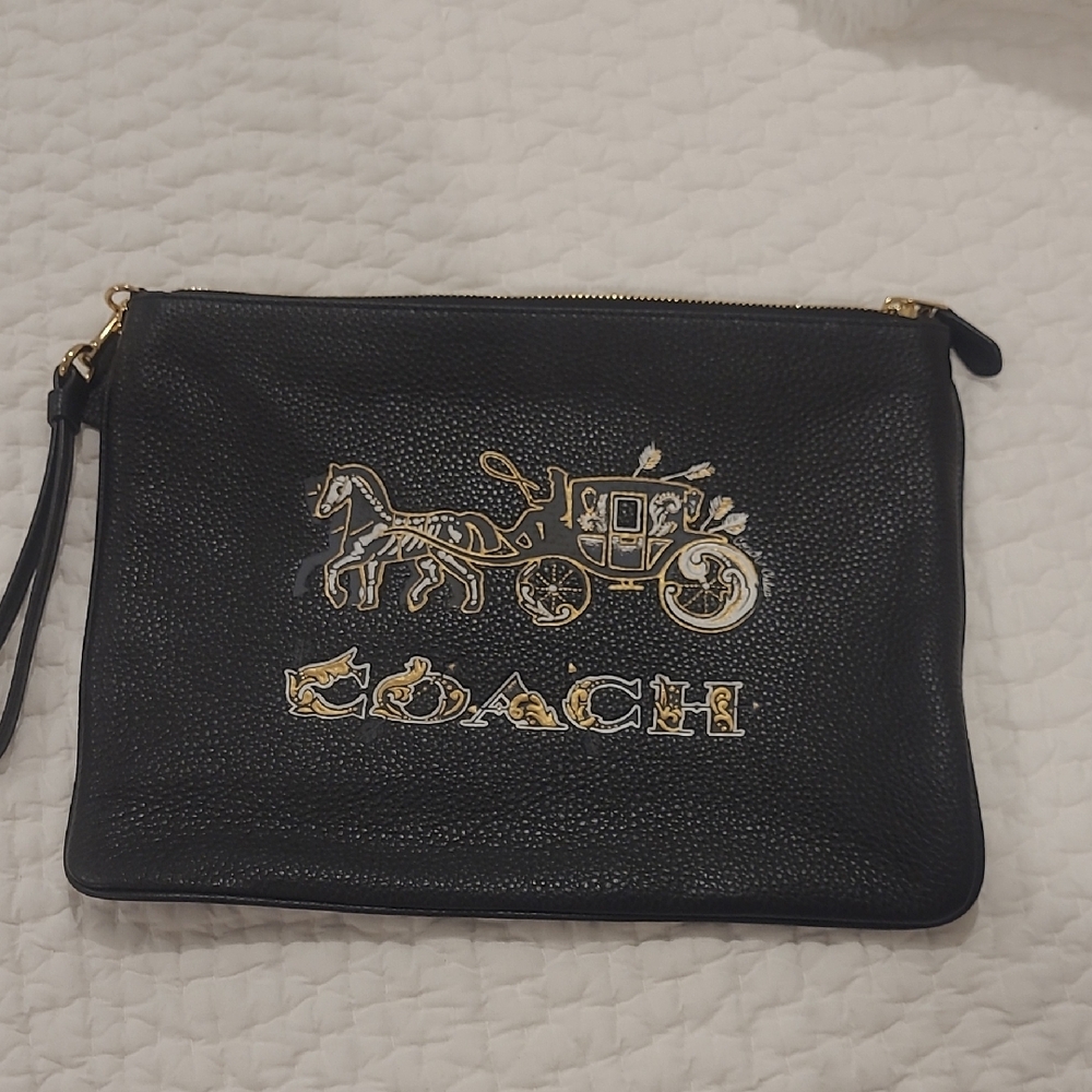 Coach Black Pebbled Leather Large Pouch Wristlet Chelsea Champlain